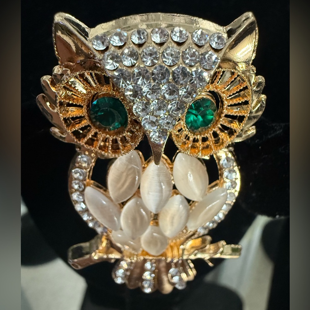 Gold Tone Vintage Green Eyed Owl Brooch With Opal Style & Rhinestone Accents